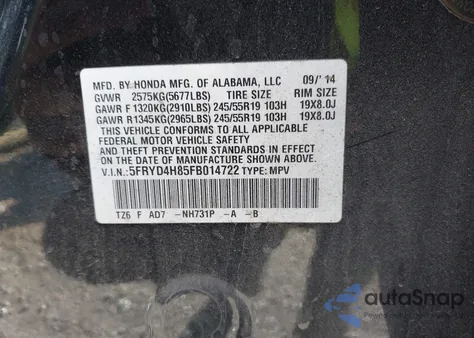 2015 Acura Mdx Advance Pkg W/Entertainment Pkg from USA, damaged, VIN 5FRYD4H85FB014722